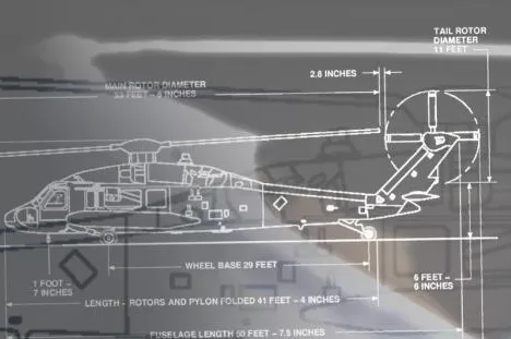 A schematic for a large helicopter indicating its dimensions